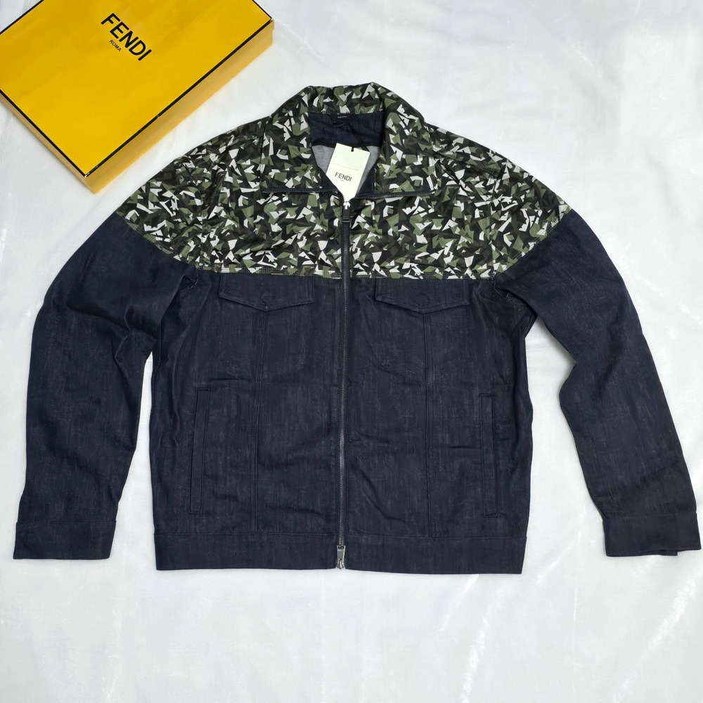 Fendi Camouflage Bugs Geometric Panel Nylon & Denim Jacket | MSRP $1690